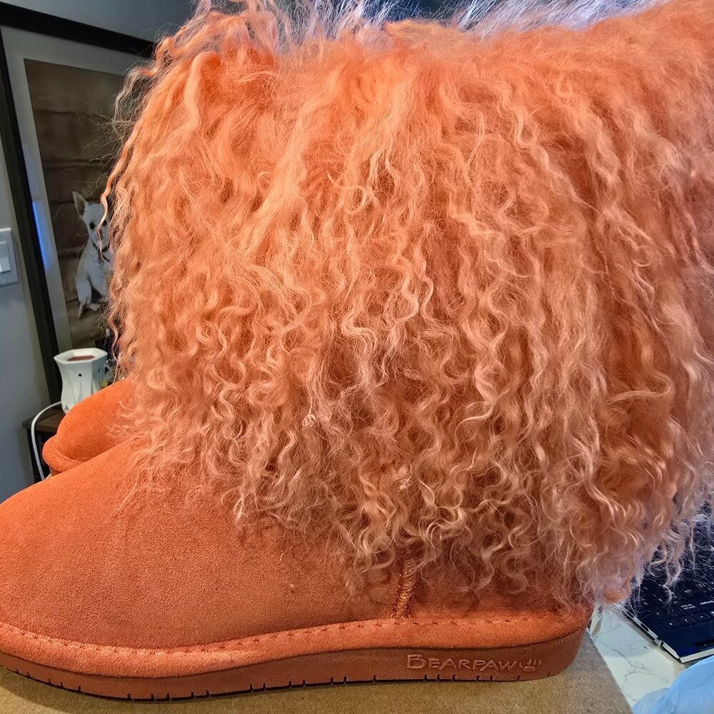 New Bearpaw Boo Boots Leather Suede Long Fur Sheepskin Women's Pink Size 6